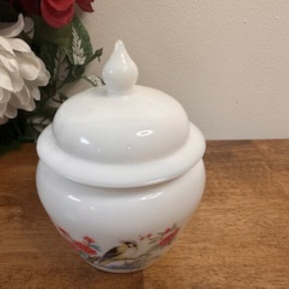 Vintage Avon Milk Glass Apothecary Jar Bird Floral Motif Lidded Container - Picture 3 of 6